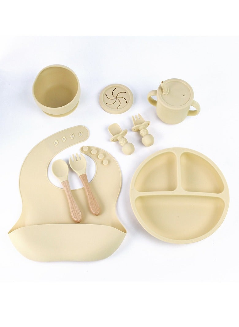 ميكسد مجموعة اطعام الاطفال من السيليكون من 8 قطع، مستلزمات فطام الاطفال مع وعاء شفط مقسم وطبق مقسم وملاعق وشوك وكوب مضاد للانسكاب ومريلة قابلة للتعديل، ادوات تناول (بيج) - Image 1