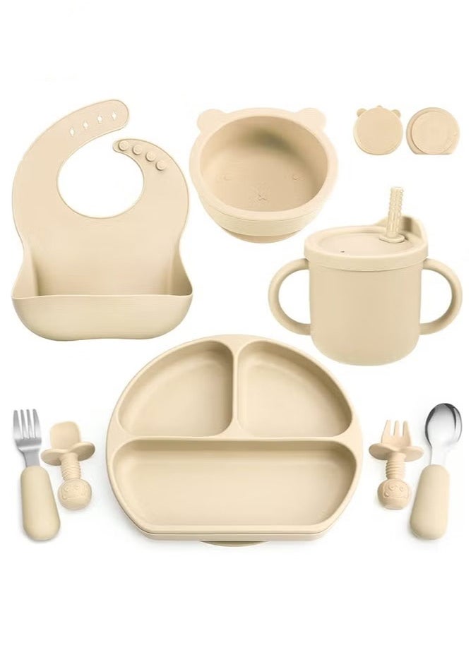 MIXDE - 8-Piece Silicone Baby Feeding Set, Baby Led Weaning Supplies with Suction Bowl, Divided Plate, Spoons, Forks, Sippy Cup, Adjustable Bib, Eating Utensils for 6+ Months Toddler Infant (Beige) - Image 1