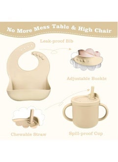 MIXDE 8-Piece Silicone Baby Feeding Set, Baby Led Weaning Supplies with Suction Bowl, Divided Plate, Spoons, Forks, Sippy Cup, Adjustable Bib, Eating Utensils for 6+ Months Toddler Infant (Beige)  - Image 3