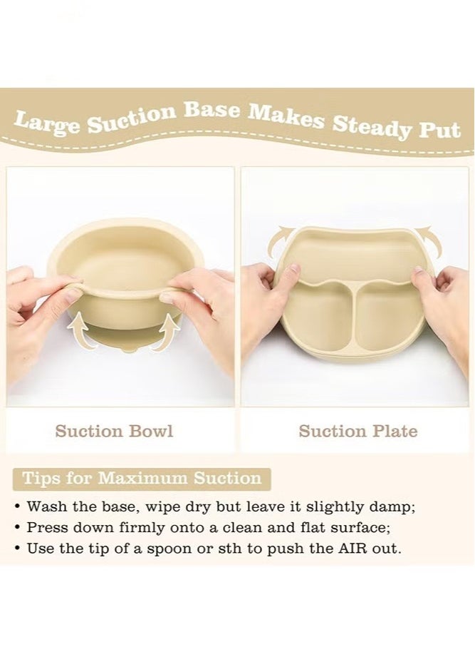 MIXDE - 8-Piece Silicone Baby Feeding Set, Baby Led Weaning Supplies with Suction Bowl, Divided Plate, Spoons, Forks, Sippy Cup, Adjustable Bib, Eating Utensils for 6+ Months Toddler Infant (Beige) - Image 1