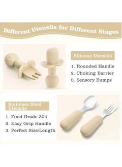 MIXDE 8-Piece Silicone Baby Feeding Set, Baby Led Weaning Supplies with Suction Bowl, Divided Plate, Spoons, Forks, Sippy Cup, Adjustable Bib, Eating Utensils for 6+ Months Toddler Infant (Beige)  - Image 4