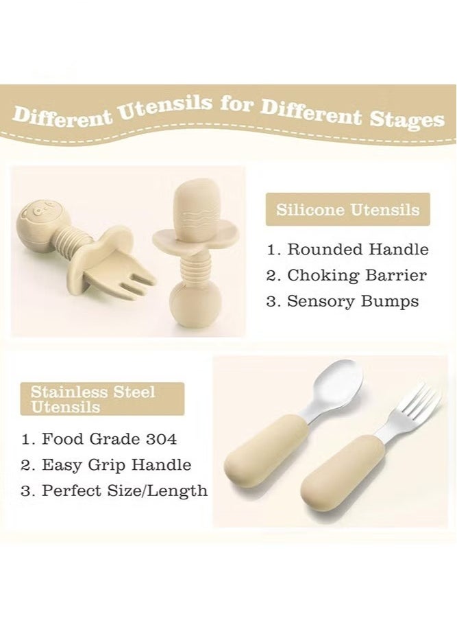 MIXDE - 8-Piece Silicone Baby Feeding Set, Baby Led Weaning Supplies with Suction Bowl, Divided Plate, Spoons, Forks, Sippy Cup, Adjustable Bib, Eating Utensils for 6+ Months Toddler Infant (Beige) - Image 1