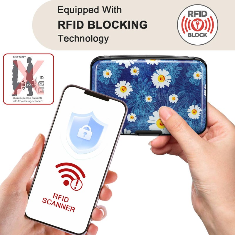 ELFISH Mini RFID Aluminum Wallet Credit Cards Holder Business Card Case Metal ID Case for Men Women(White Flower) - Image 2