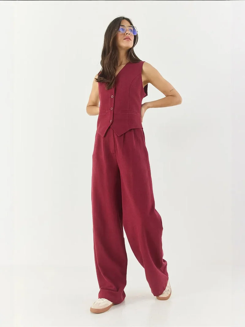 Bianco Lucci Multicolor LUCCI V-neck Vest and Wide Leg Pants Two-Piece Coord Set for Women | Best Price UAE