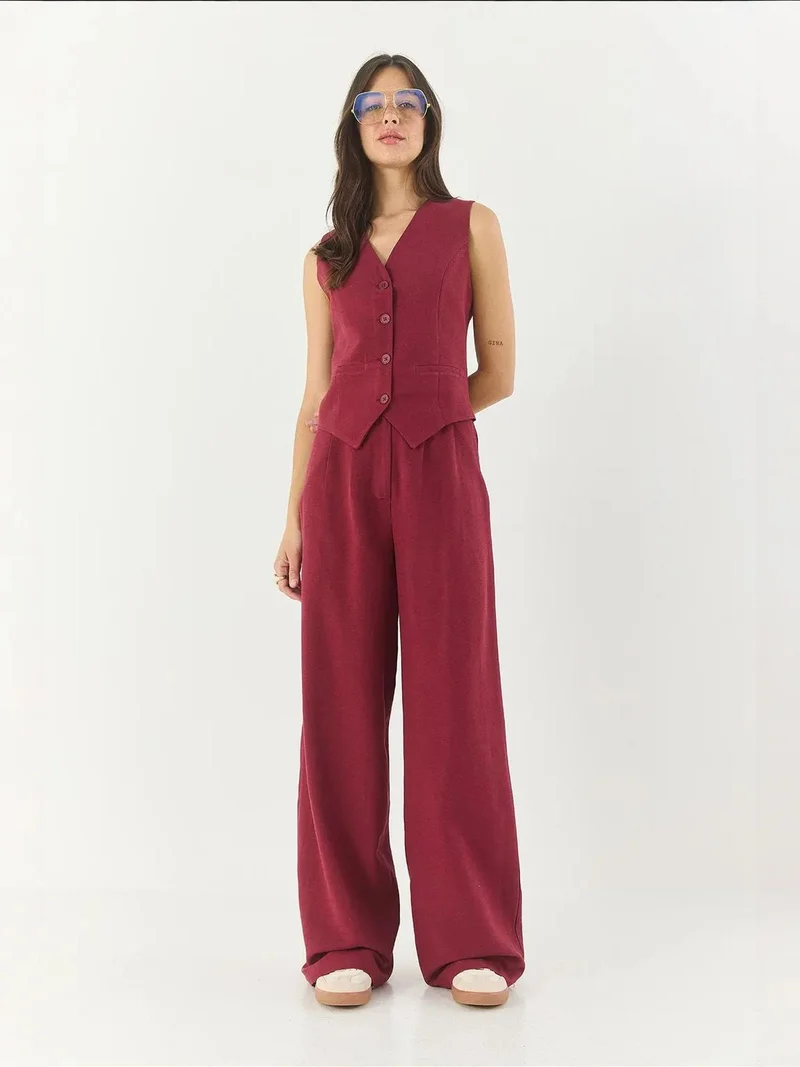 Bianco Lucci LUCCI V-neck Vest and Wide Leg Pants Two-Piece Coord Set