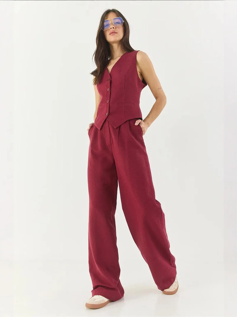 Bianco Lucci Multicolor LUCCI V-neck Vest and Wide Leg Pants Two-Piece Coord Set for Women | Best Price UAE