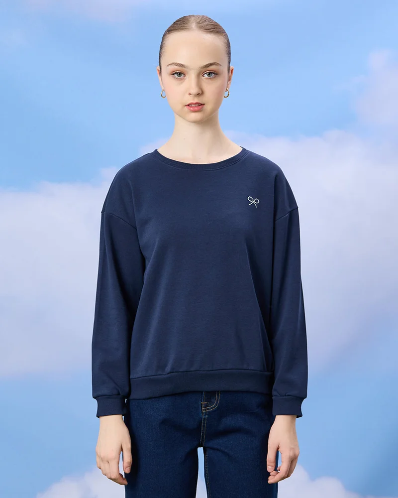 Redtag Senior Girls Navy And White Sweatshirt Set (Pack of 2)