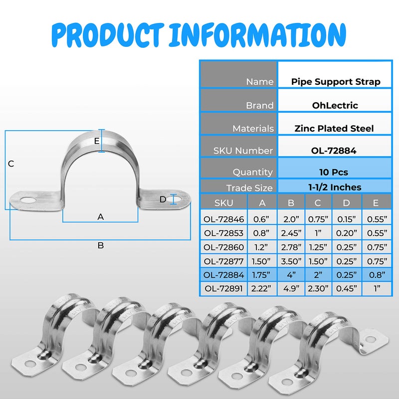 OhLectric Pipe Support Strap - Steel Pipe Strap with 2 holes - Heavy-Duty 1-1/2” inch U Bracket - Zinc Coated Tension Tube Clip - Pipe Clamp for EMT Conduits - OL-72884 10 PCS - Image 2