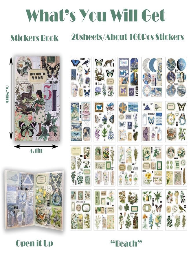 SIBLYMONA Junk Journal Stickers for Scrapbooking, 160Pcs Retro Flower Butterfly Nature Poem Stamp Letter Decorative Stickers for Scrapbook, DIY Crafts Album Phone Cases Laptops Calendars Notebook (Beach) - Image 2