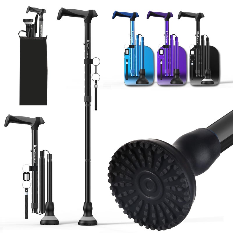 ProTraverse Walking Cane for Men & Women,Foldable,Adjustable,Self Standing Cane with Wrist Strap&Tag,350lbs Heavy Duty,All Terrain,Collapsible Walking Sticks for Seniors & Adults,Black - Image 1