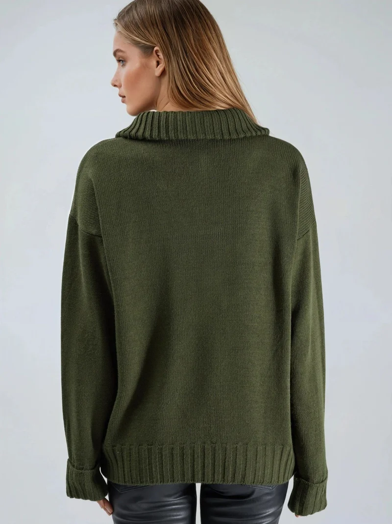 My Fashion Khaki Green MY FASHION Oversized Ribbed Knit Sweater with Zipper Collar for Women | Best Price UAE