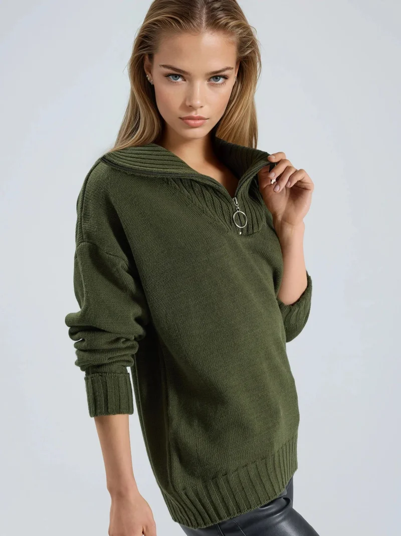 MY FASHION Oversized Ribbed Knit Sweater with Zipper Collar