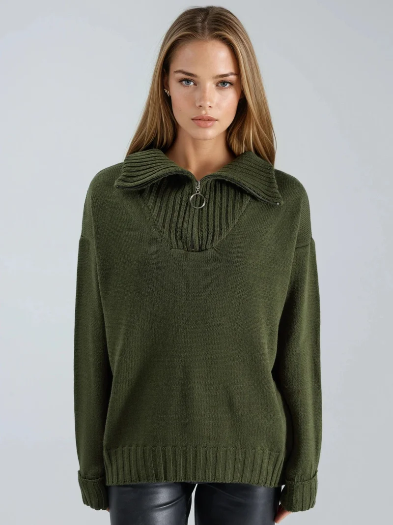 My Fashion Khaki Green MY FASHION Oversized Ribbed Knit Sweater with Zipper Collar for Women | Best Price UAE