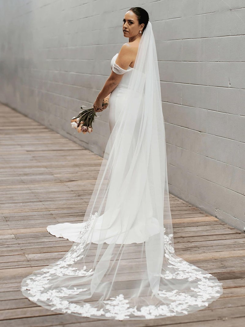 AiberLisha Chapel Length Floral Lace Wedding Bridal Veil with Metal Comb White - Image 5