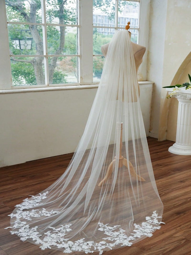 AiberLisha Chapel Length Floral Lace Wedding Bridal Veil with Metal Comb White - Image 2