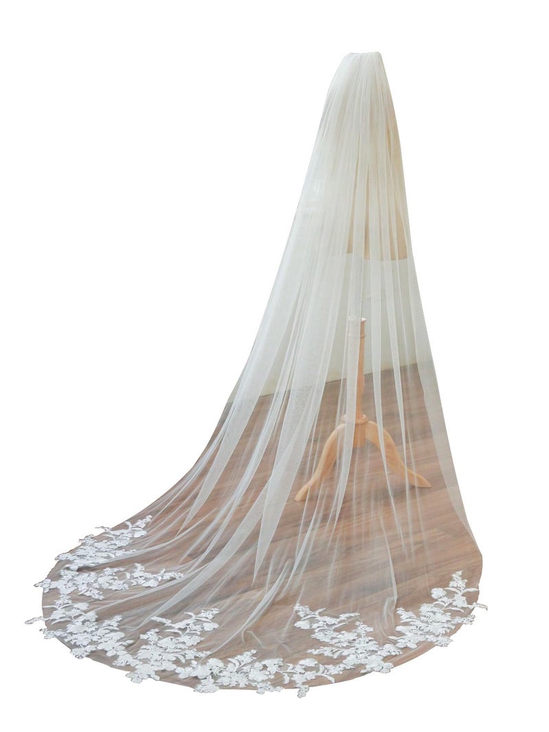 AiberLisha Chapel Length Floral Lace Wedding Bridal Veil with Metal Comb White - Image 1