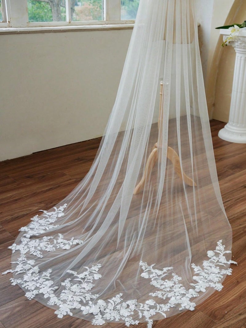 AiberLisha Chapel Length Floral Lace Wedding Bridal Veil with Metal Comb White - Image 4