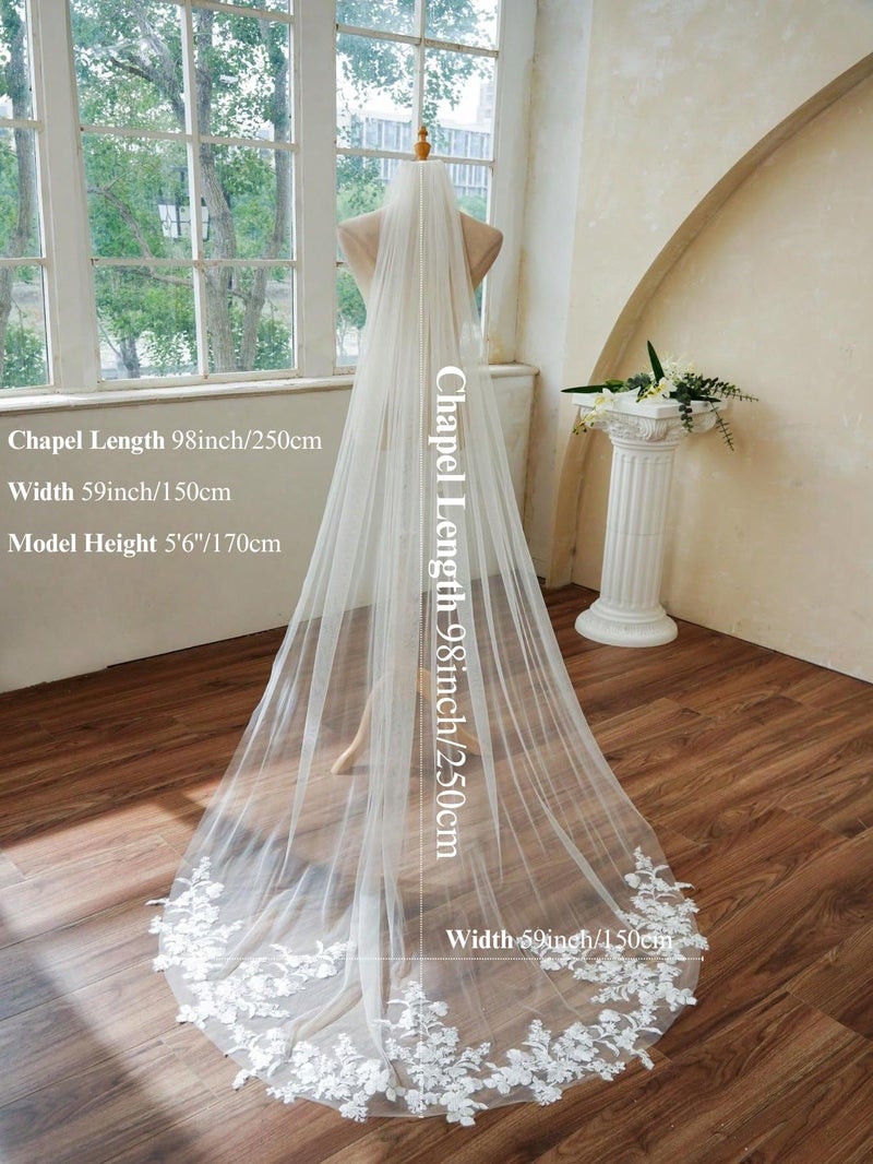 AiberLisha Chapel Length Floral Lace Wedding Bridal Veil with Metal Comb White - Image 3