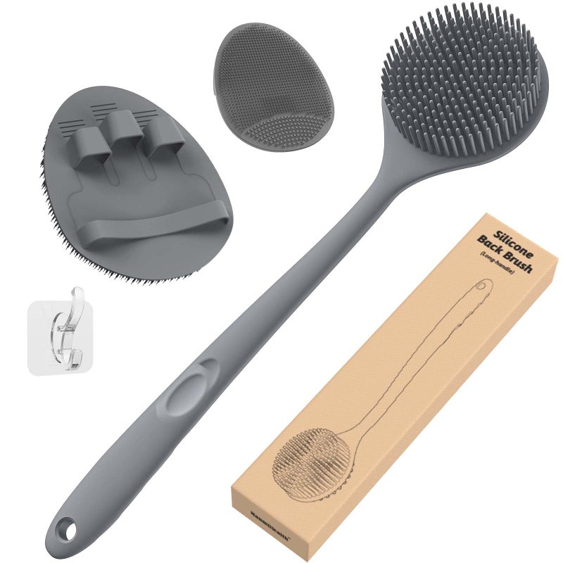 Manmihealth Silicone Back Scrubber (Thin Bristles) & Bath Glove & Face Brush Set(3PCS), Super-Exfoliating & Lathering Body Scrubber, Shower Brush, Face Scrubber Combination, with a Free Hook.(Gray) - Image 1