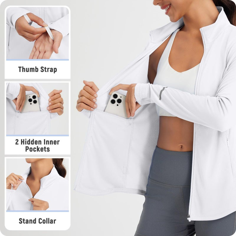 baleaf Women's Athletic Jacket Sun Protection Running Lighteight Full Zip Long Sleeve Shirts UPF 50+ Pockets White L - Image 4