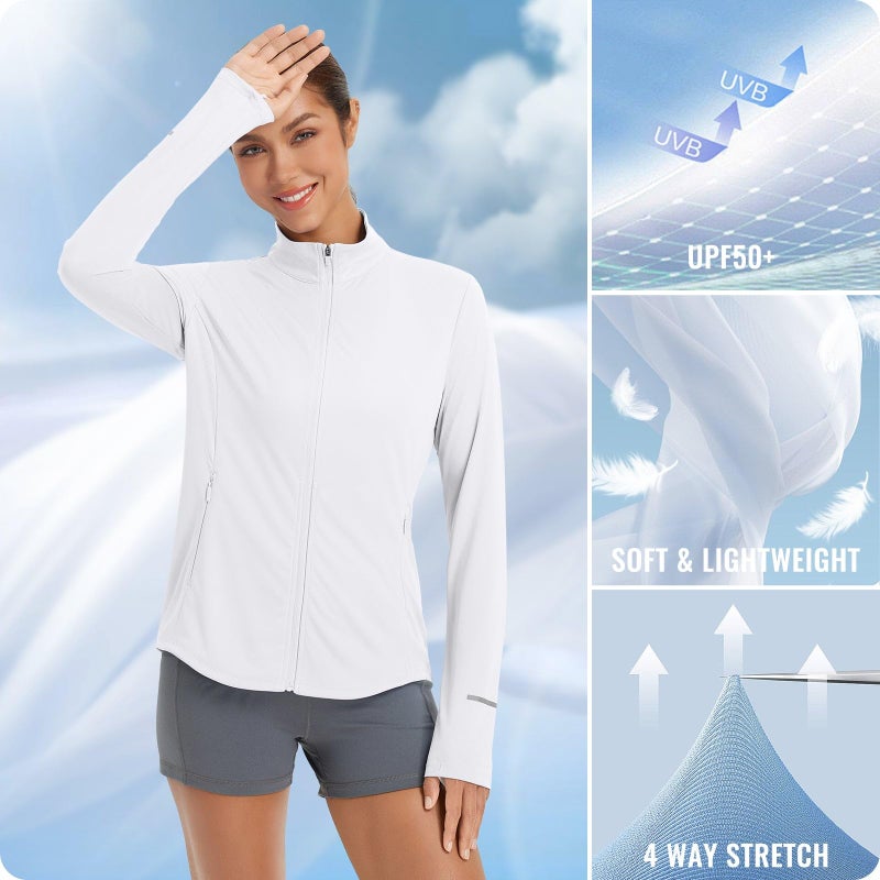 baleaf Women's Athletic Jacket Sun Protection Running Lighteight Full Zip Long Sleeve Shirts UPF 50+ Pockets White L - Image 2