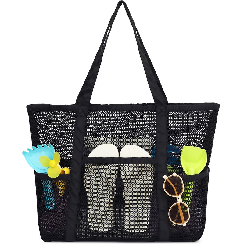 Fammart Mesh Beach Bag for Women, Casual Hobo Bags Large Beach Tote for Pool Travel Cruise Vacation Essentials, Sandproof Bottom - Black - Image 1