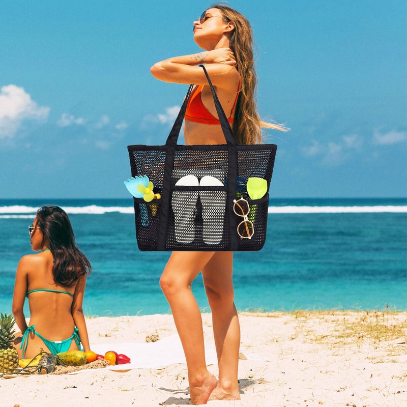 Fammart Mesh Beach Bag for Women, Casual Hobo Bags Large Beach Tote for Pool Travel Cruise Vacation Essentials, Sandproof Bottom - Black - Image 2