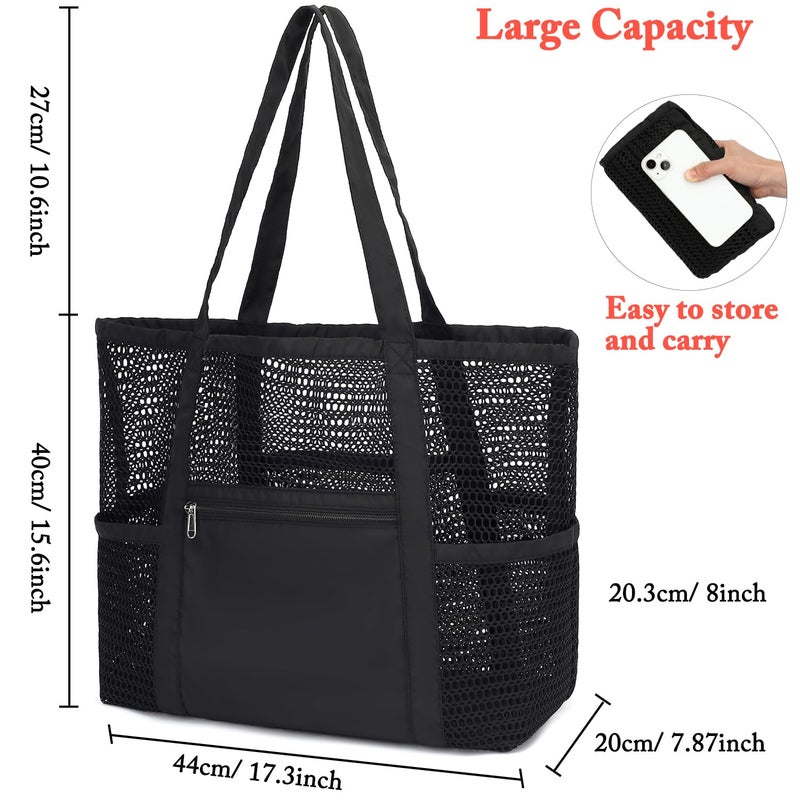 Fammart Mesh Beach Bag for Women, Casual Hobo Bags Large Beach Tote for Pool Travel Cruise Vacation Essentials, Sandproof Bottom - Black - Image 3