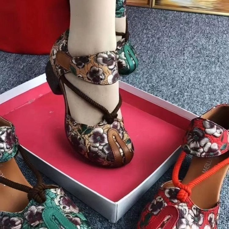 Women's Ethnic Print Soft Leather Heeled Sandals - Image 4