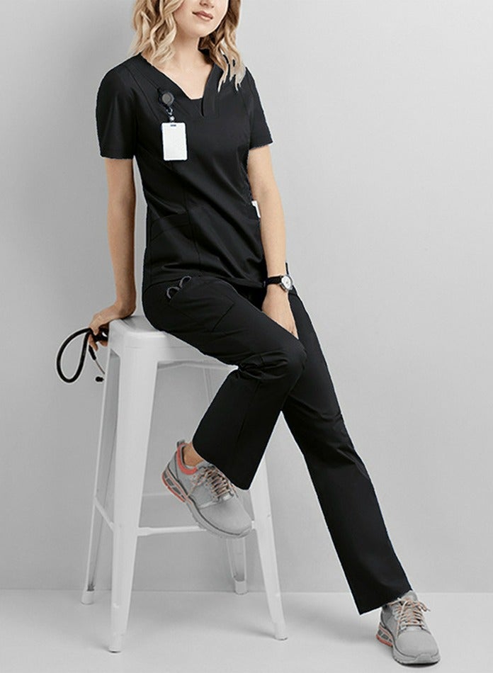 Loquat Solid Color Medical Uniform Scrubs 2 Piece Set V-Neck Top and Loose Pants  Set Black
