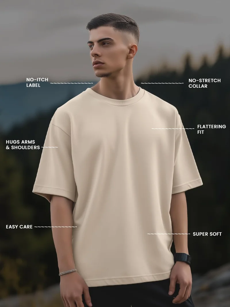 NOBERO Men's Beige Oversized Graphic Print T-Shirt