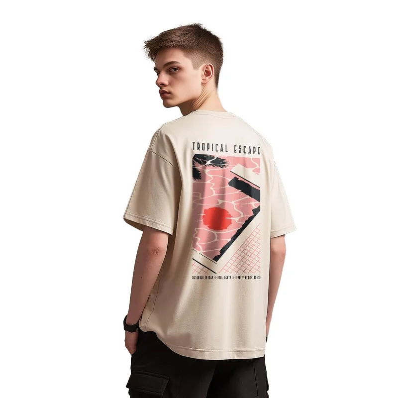 NOBERO Men's Beige Oversized Graphic Print T-Shirt