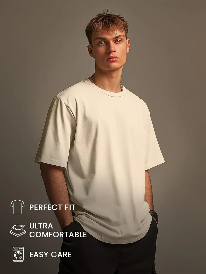 NOBERO  Men's Beige Oversized Graphic Print T-Shirt  | Best Price UAE