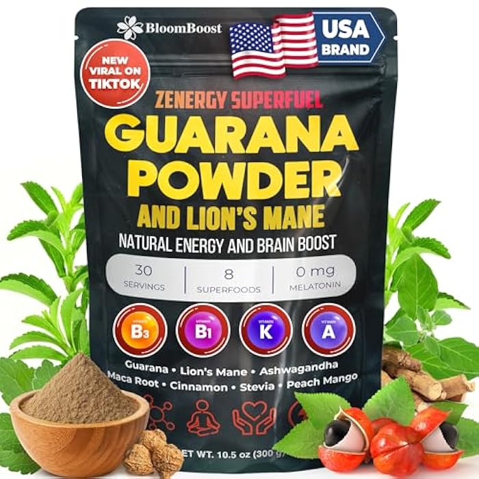 BloomBoost Guarana Powder 1,000mg Per Serv - Lion’s Mane, Ashwagandha, Maca... Natural Caffeine Energizer, Brazilian Herbal Extract, Bulk Superfood, Vegan Friendly, & Non-GMO - 10.6oz (75 Servings) - Image 1