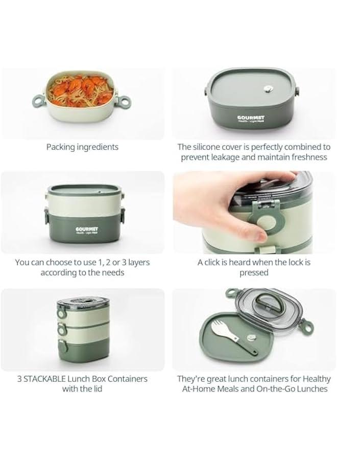 HOOKOR Bento Lunch Box,Stackable 3 Layers Bento Box,2000ml Large Capacity Lunch Containers,Leak-Proof, Food-Safe Materials. For Work School Camping, Microwave and Dishwasher Safe (Green) - Image 3