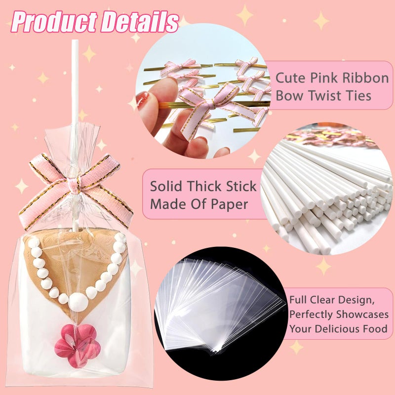Keromtein 100PCS Rice Crispy Treat Bags 4x6in with Sticks and Ties Bow, Clear Cellophane for Rice Krispies Individually Wrapped Cake Pop Bags with Ties Cakesicles Lollipop Candy Making Cookies Packaging(Pink) - Image 3