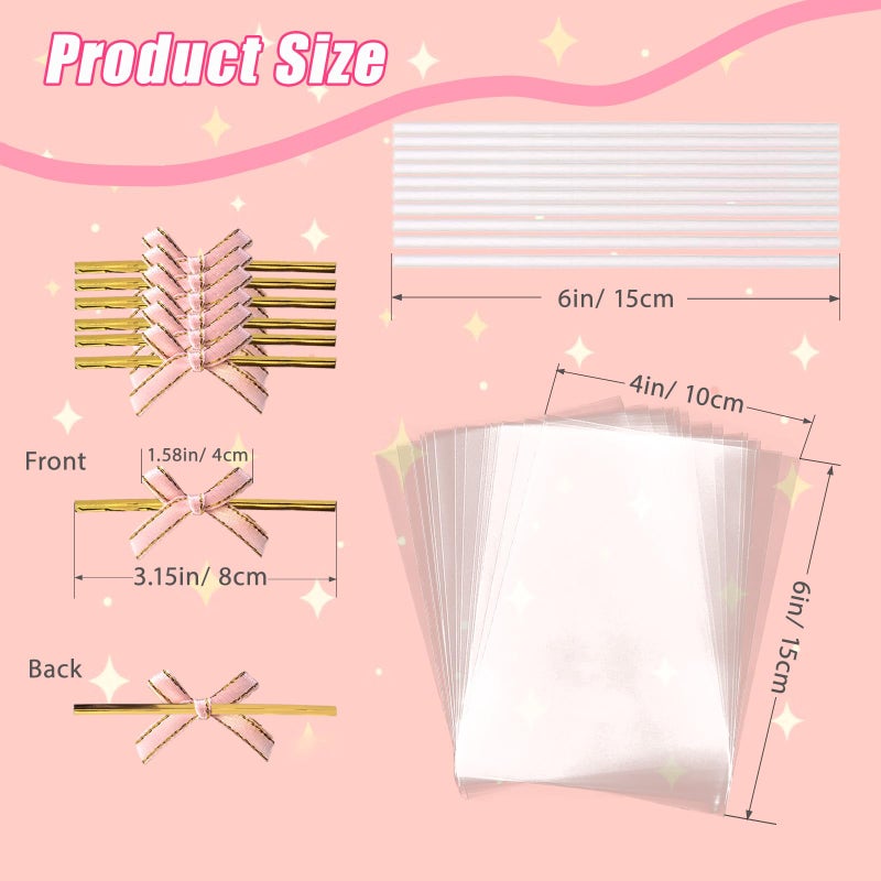 Keromtein 100PCS Rice Crispy Treat Bags 4x6in with Sticks and Ties Bow, Clear Cellophane for Rice Krispies Individually Wrapped Cake Pop Bags with Ties Cakesicles Lollipop Candy Making Cookies Packaging(Pink) - Image 4