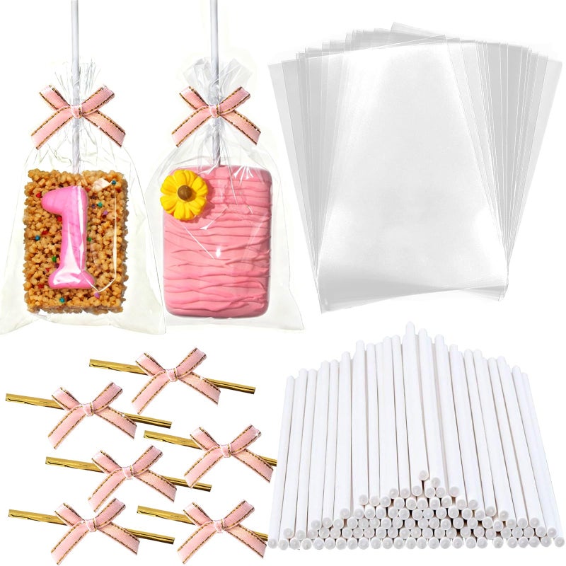 Keromtein 100PCS Rice Crispy Treat Bags 4x6in with Sticks and Ties Bow, Clear Cellophane for Rice Krispies Individually Wrapped Cake Pop Bags with Ties Cakesicles Lollipop Candy Making Cookies Packaging(Pink) - Image 1