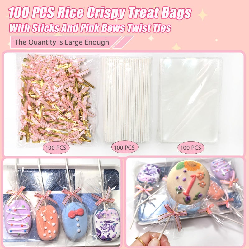 Keromtein 100PCS Rice Crispy Treat Bags 4x6in with Sticks and Ties Bow, Clear Cellophane for Rice Krispies Individually Wrapped Cake Pop Bags with Ties Cakesicles Lollipop Candy Making Cookies Packaging(Pink) - Image 2