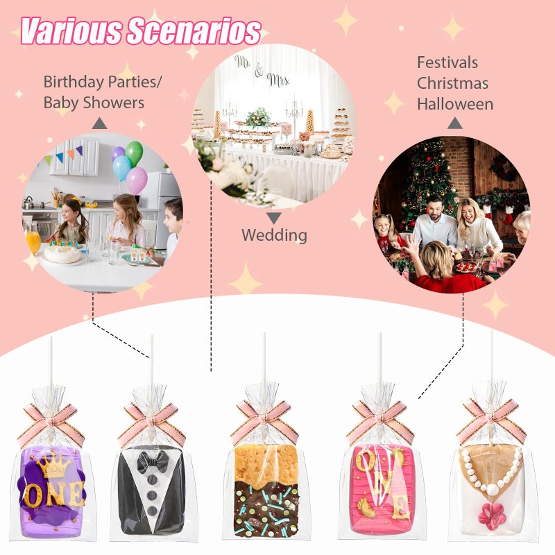 Keromtein 100PCS Rice Crispy Treat Bags 4x6in with Sticks and Ties Bow, Clear Cellophane for Rice Krispies Individually Wrapped Cake Pop Bags with Ties Cakesicles Lollipop Candy Making Cookies Packaging(Pink) - Image 5