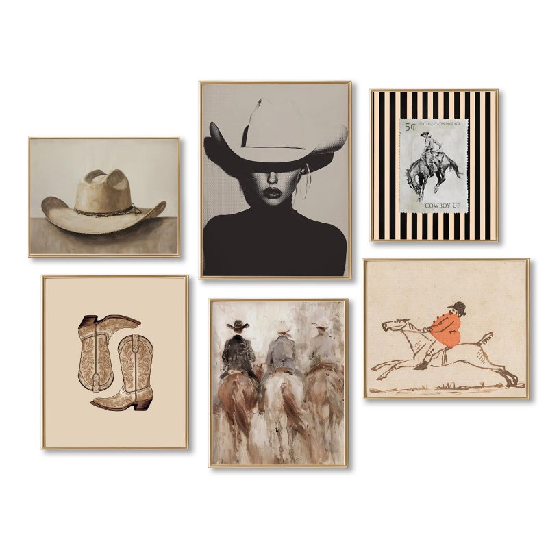 SHEWANT ART Vintage Western Cowboy Poster Set of 6, Southwestern Rustic Aesthetic Artwork Canvas Prints, Coastal Cowgirl Room Decor, Mid Century Striped Western Wall Decor Paintings, Dorm College Home Decoration - Image 1