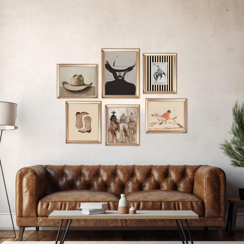SHEWANT ART Vintage Western Cowboy Poster Set of 6, Southwestern Rustic Aesthetic Artwork Canvas Prints, Coastal Cowgirl Room Decor, Mid Century Striped Western Wall Decor Paintings, Dorm College Home Decoration - Image 2