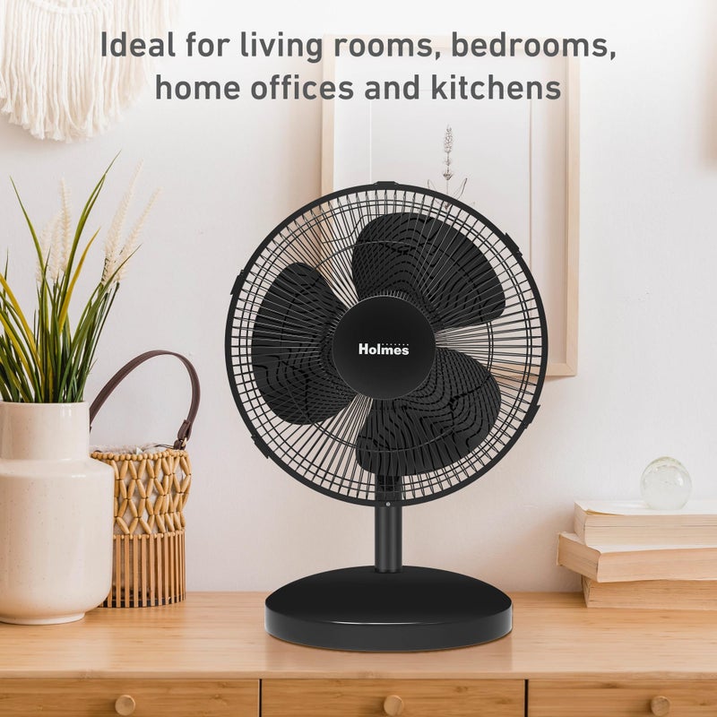 Holmes 12 Inch Oscillating Table Fan 3 Speeds 75 Degree Wide Angle Oscillation Adjustable 15 Degree Tilt Quiet Operation Home Office Bedroom Kitchen Black - Image 2