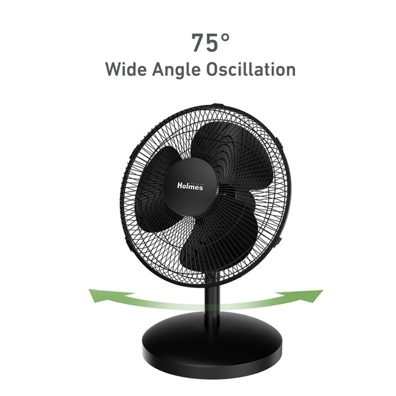 Holmes 12 Inch Oscillating Table Fan 3 Speeds 75 Degree Wide Angle Oscillation Adjustable 15 Degree Tilt Quiet Operation Home Office Bedroom Kitchen Black - Image 4