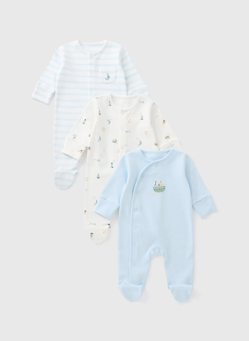Matalan 3 Pack Baby Blue Boat Sleepsuits