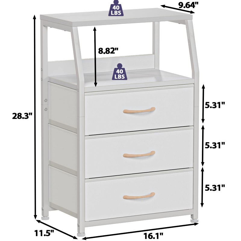 Furnulem White Nightstand with 3 Drawers and 2-Tier Shelf, Small Night Stand End Table Side Furniture, Fabric Storage Organizer for Bedroom, Closet, Hallway, Nursery, Sturdy Steel Frame, Wood Top - Image 5