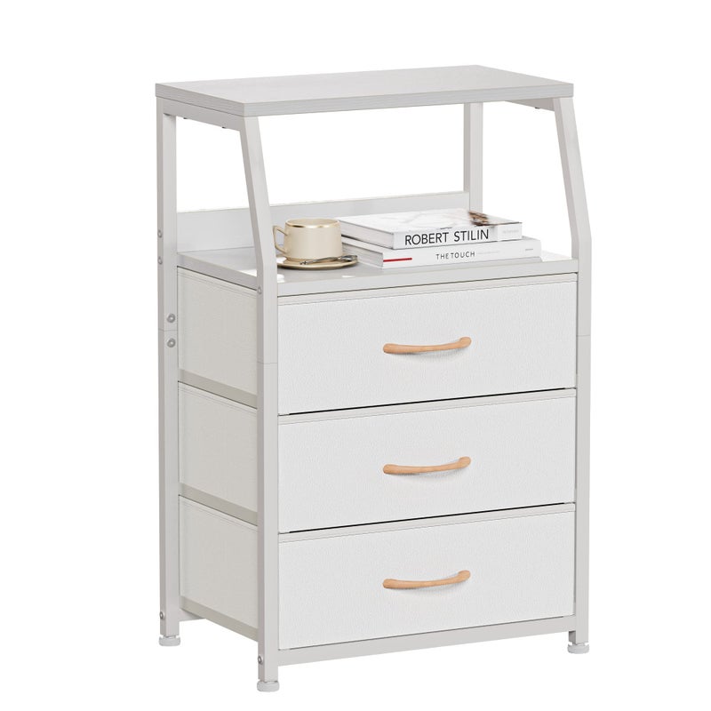 Furnulem White Nightstand with 3 Drawers and 2-Tier Shelf, Small Night Stand End Table Side Furniture, Fabric Storage Organizer for Bedroom, Closet, Hallway, Nursery, Sturdy Steel Frame, Wood Top - Image 1