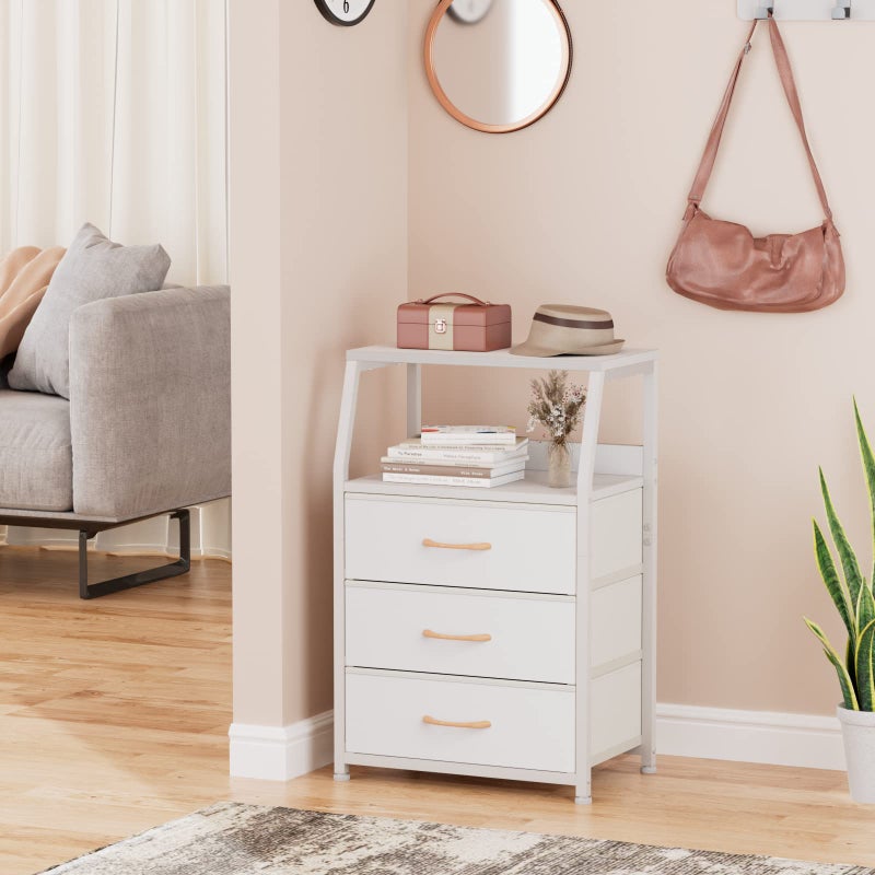 Furnulem White Nightstand with 3 Drawers and 2-Tier Shelf, Small Night Stand End Table Side Furniture, Fabric Storage Organizer for Bedroom, Closet, Hallway, Nursery, Sturdy Steel Frame, Wood Top - Image 2