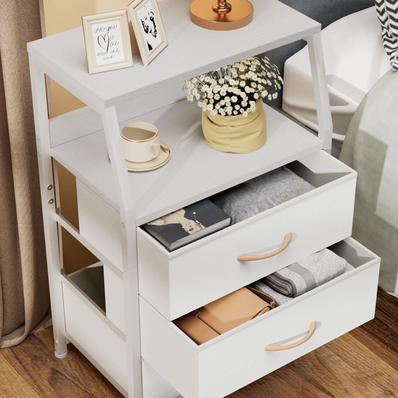 Furnulem White Nightstand with 3 Drawers and 2-Tier Shelf, Small Night Stand End Table Side Furniture, Fabric Storage Organizer for Bedroom, Closet, Hallway, Nursery, Sturdy Steel Frame, Wood Top - Image 3