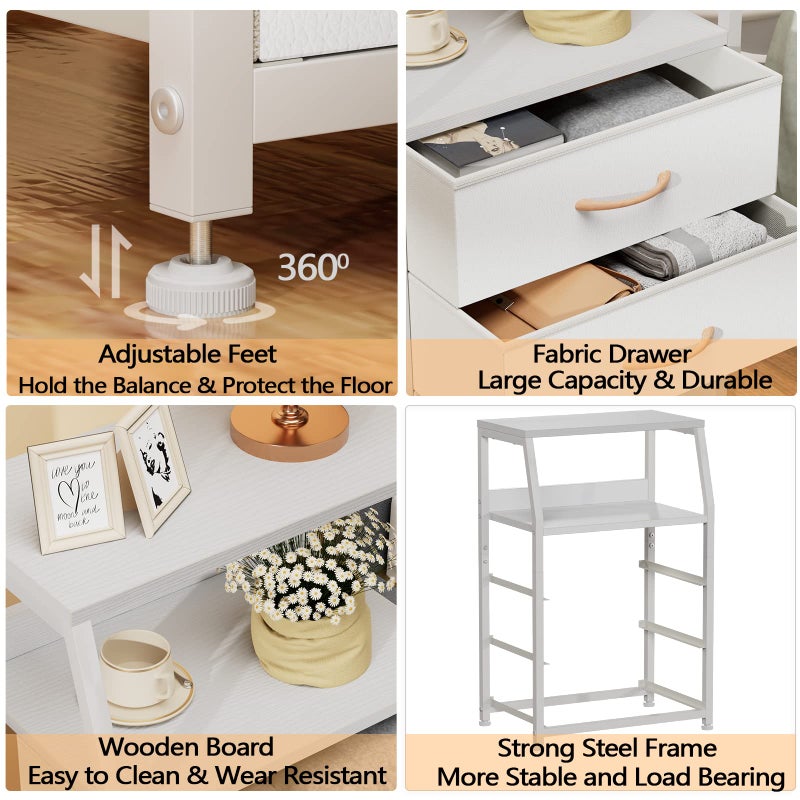 Furnulem White Nightstand with 3 Drawers and 2-Tier Shelf, Small Night Stand End Table Side Furniture, Fabric Storage Organizer for Bedroom, Closet, Hallway, Nursery, Sturdy Steel Frame, Wood Top - Image 4